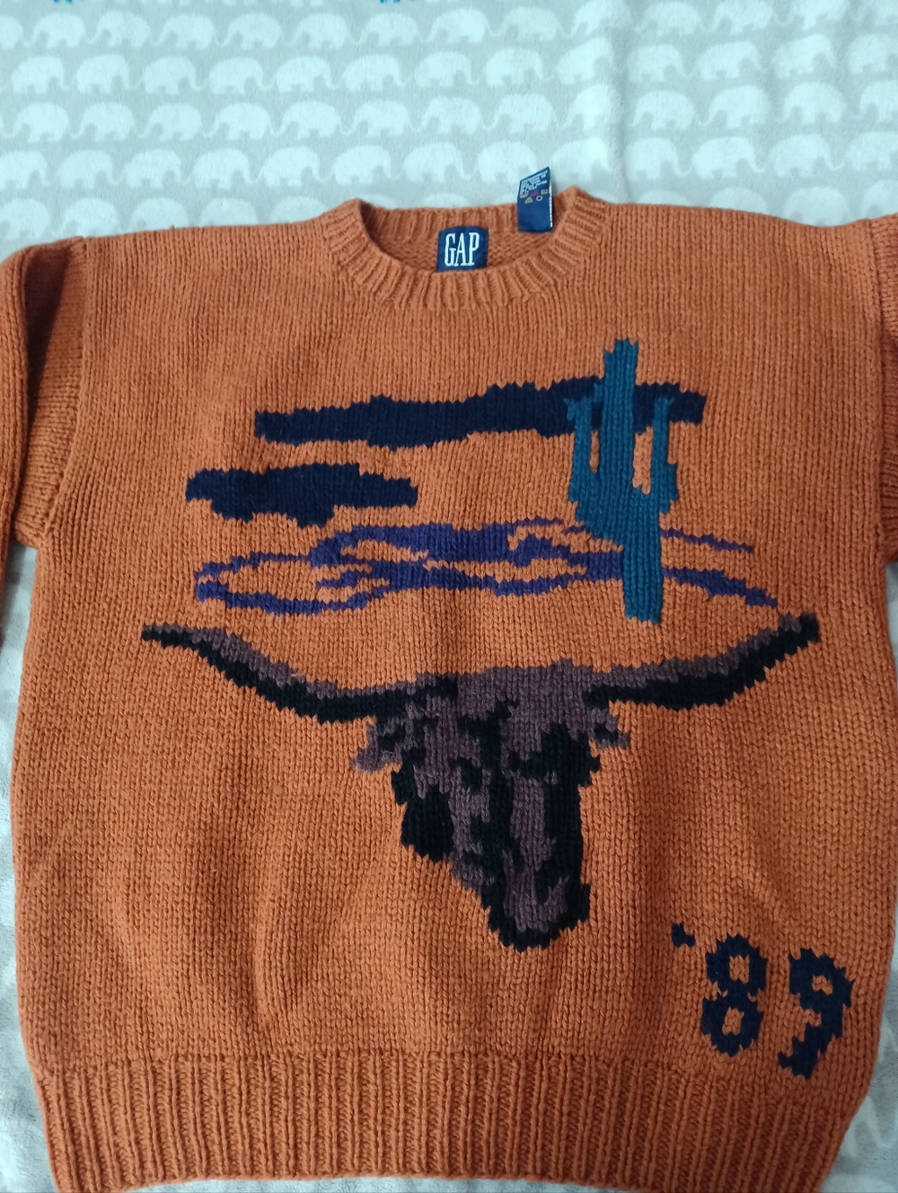 GAP 1989 Handknit Vintage Orange Sweater Southwest Cactus Cow Skull Bull L Wool - Picture 4 of 10